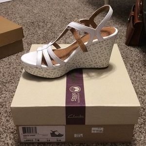 White strappy Clarks wedges